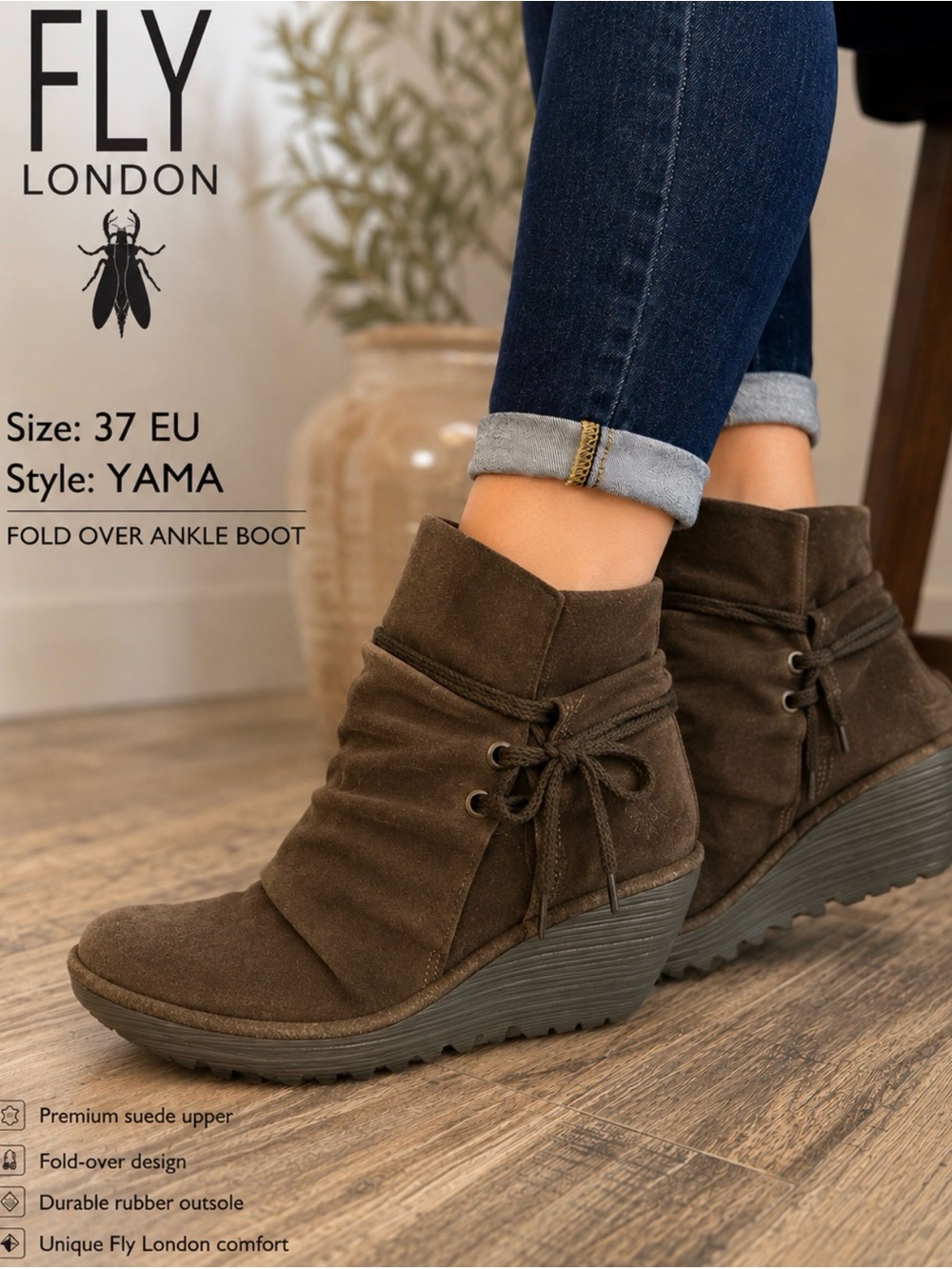 FLY LONDON SHOES YAMA Brown SUEDE BOOTIES PLATFORM WEDGE ANKLE BOOT 37 6.5